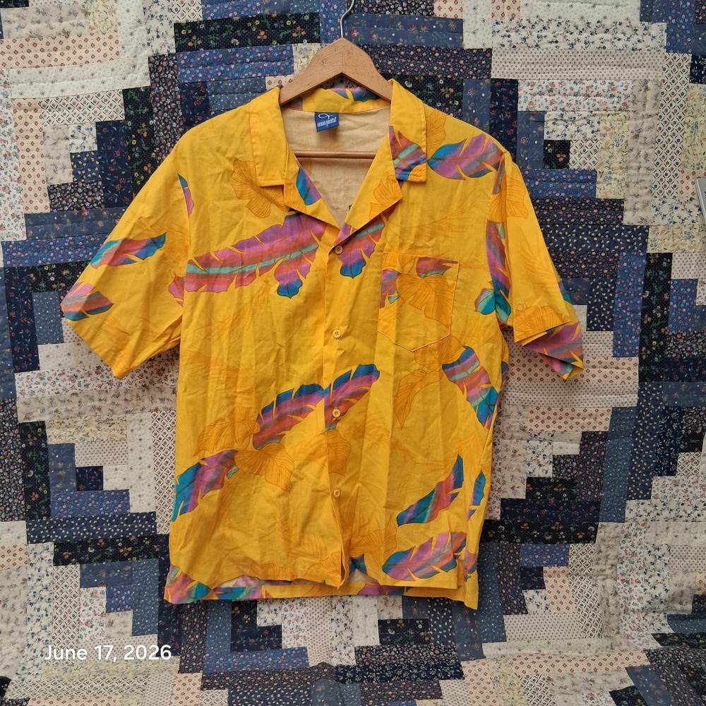Vintage 80s Ocean Pacific Yellow Hawaiian Shirt Size Large Floral Print
